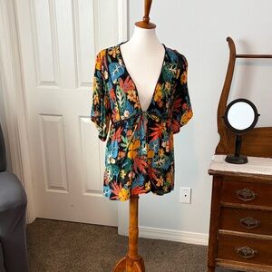 Angie Black Tropical Floral Tie-Front Blouse